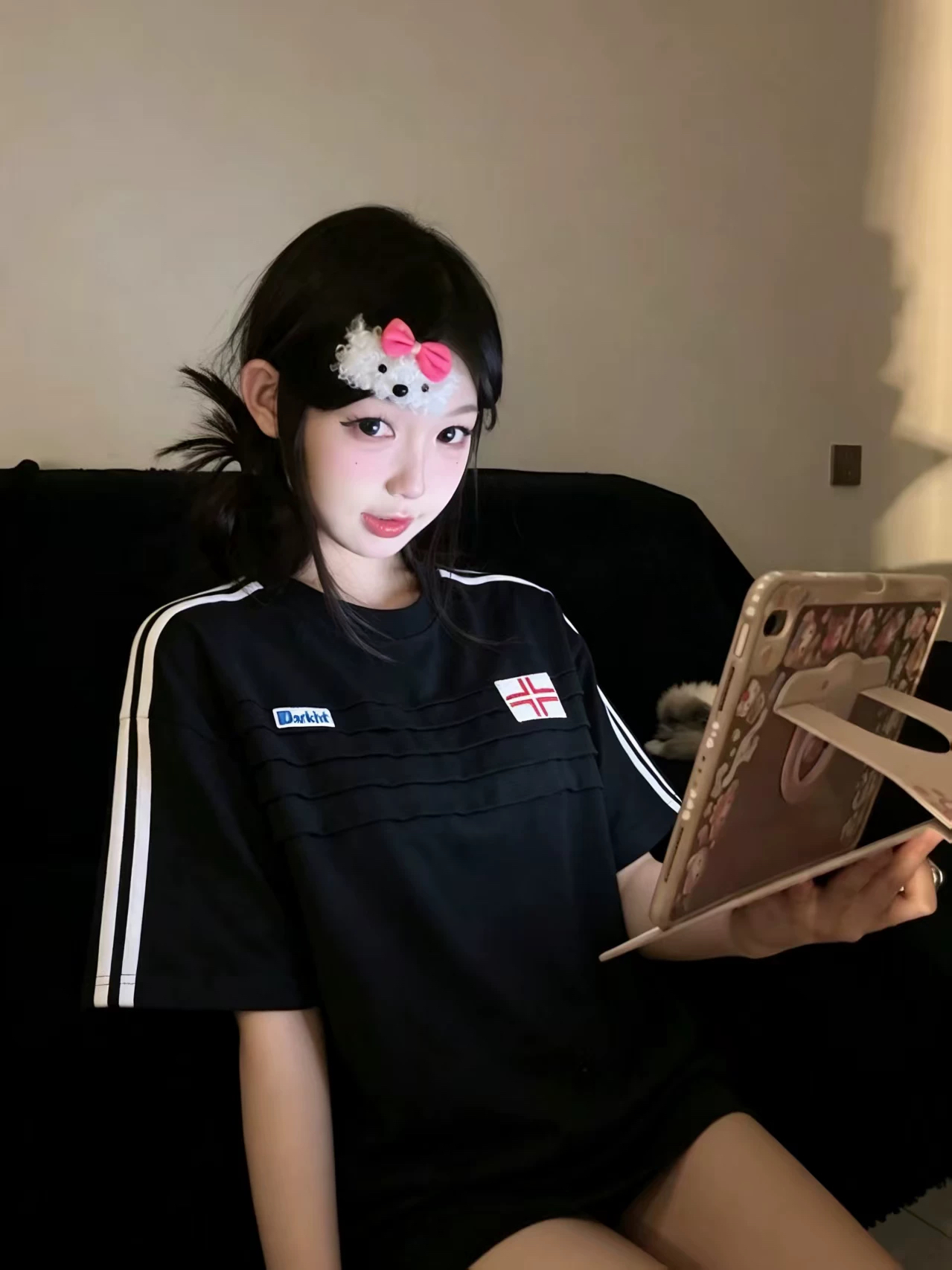 자수 주름 네리 가게 천 순면 220 그램 면 음식 털 느낌 반팔 티셔츠