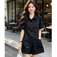 批发帅气工装连体裤女夏季2026新款黑色显瘦<b class='q'>高腰</b>短袖连衣阔腿短裤