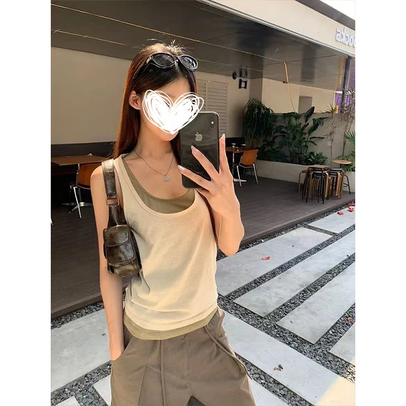 한 부서 ins 패치워크 배색 사실 두 조각 민소매 조끼 여성 여름 다용도 캐주얼 맨위