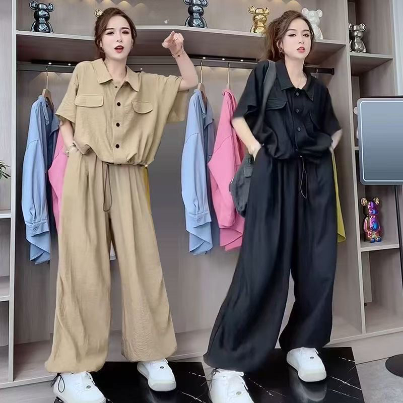 특별 빅 사이즈 지방 mm 300 근 캐주얼 패션 세트 여성 루즈핏 반팔 맨위 넓은 다리 조거 긴 바지