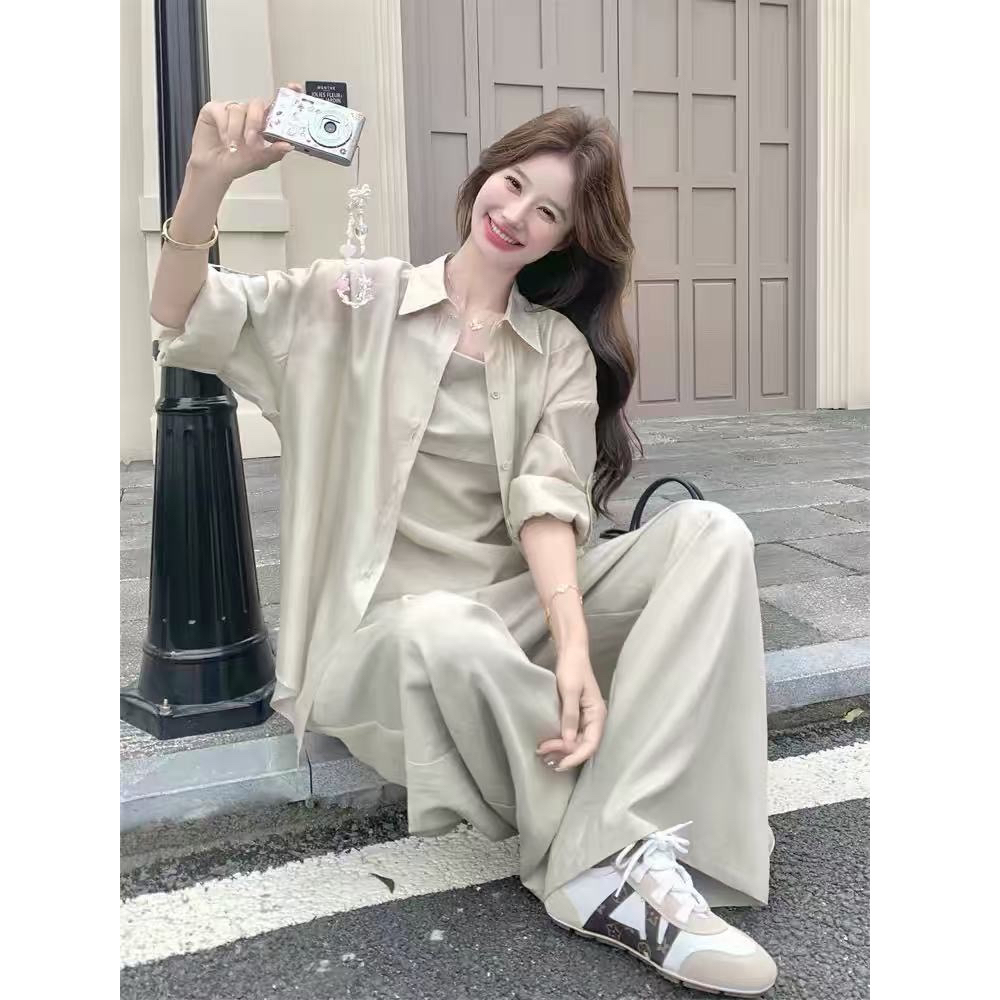 빛 럭셔리 바람 자외선 차단 셔츠 슬립 와이드 레그 팬츠 세트 여성 봄 여름 2026 새로운 슬림해 보이는 자이언트 잘 생긴 3종 세트