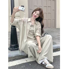批发轻奢风防晒衬衫吊带阔腿裤套装女春夏2026新款<b class='q'>显瘦</b>巨好看三件套
