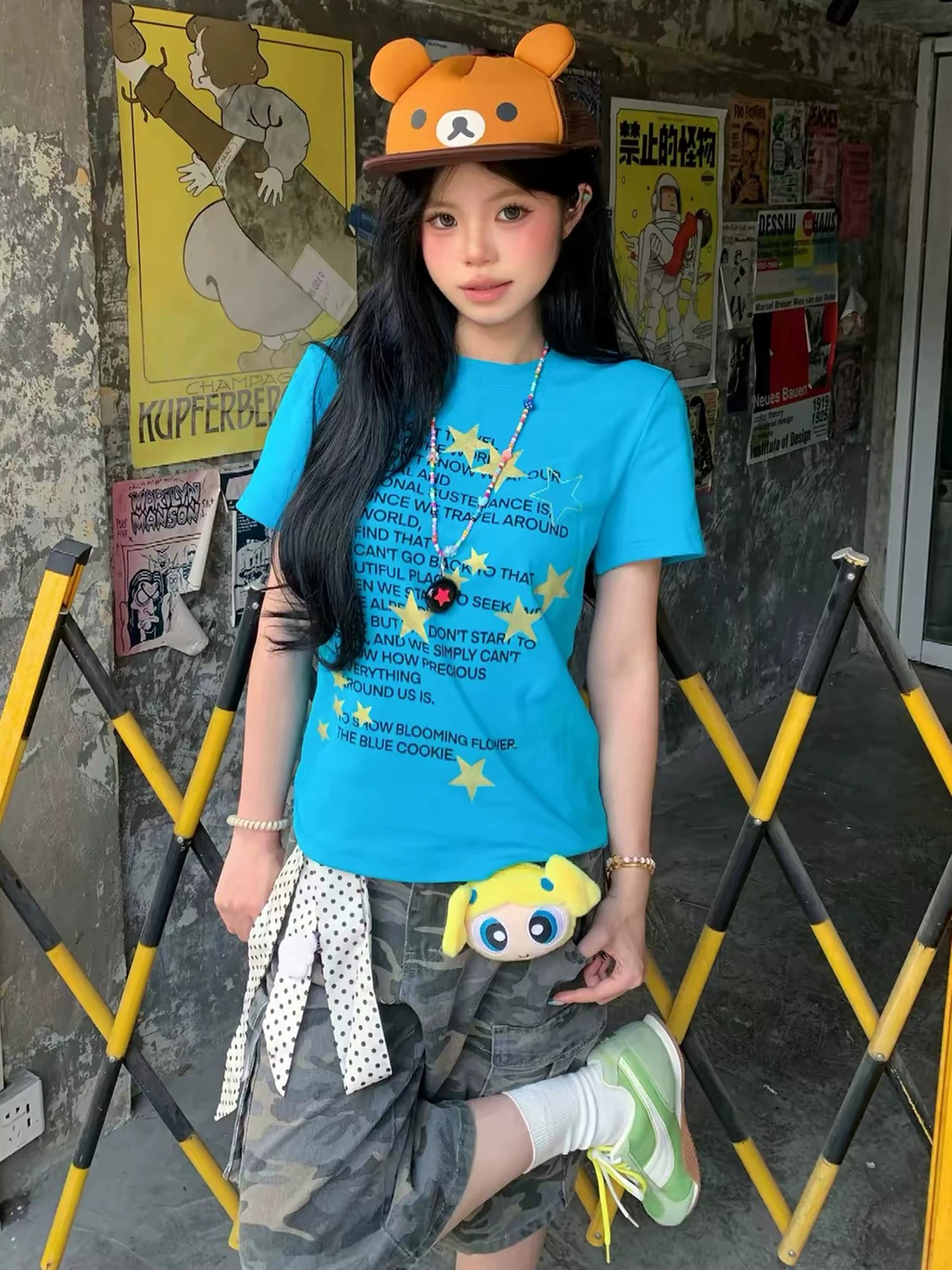아메리칸 레트로 긍정적 인 어깨 라운드 넥 프린트 반팔 티셔츠
