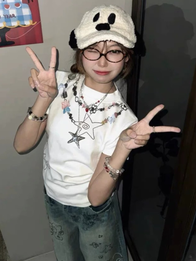 아메리칸 레트로 긍정적 인 어깨 라운드 넥 프린트 반팔 티셔츠