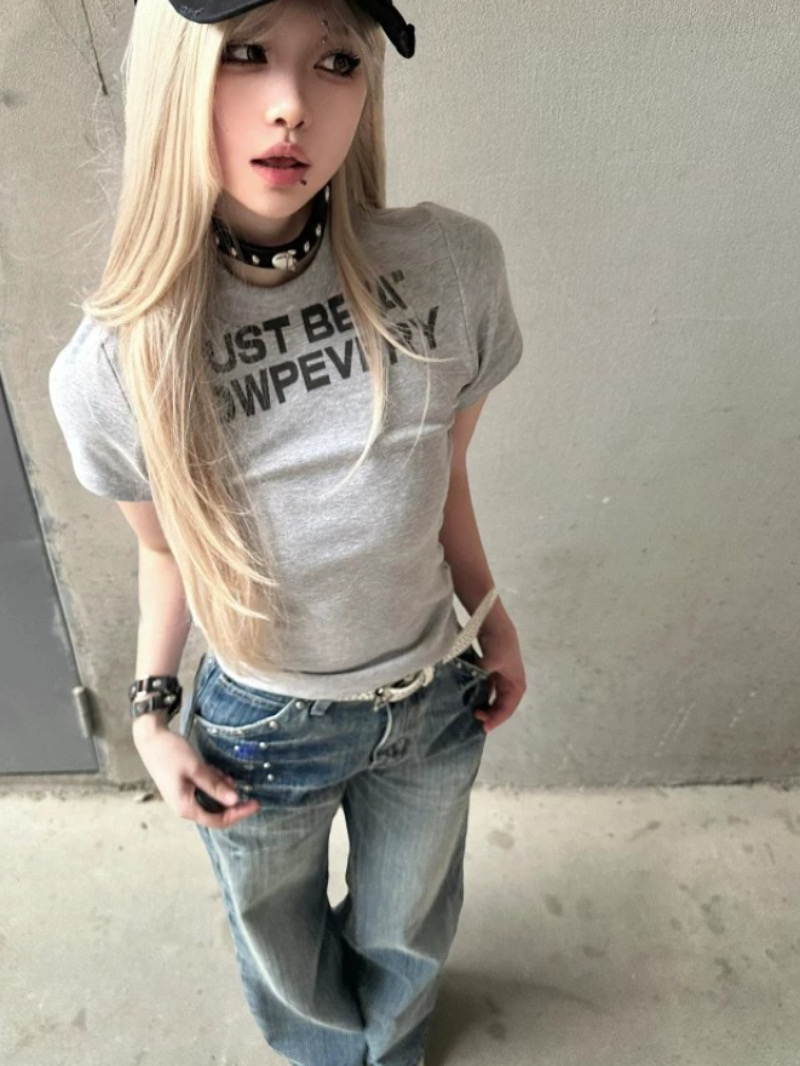 아메리칸 레트로 긍정적 인 어깨 라운드 넥 프린트 반팔 티셔츠