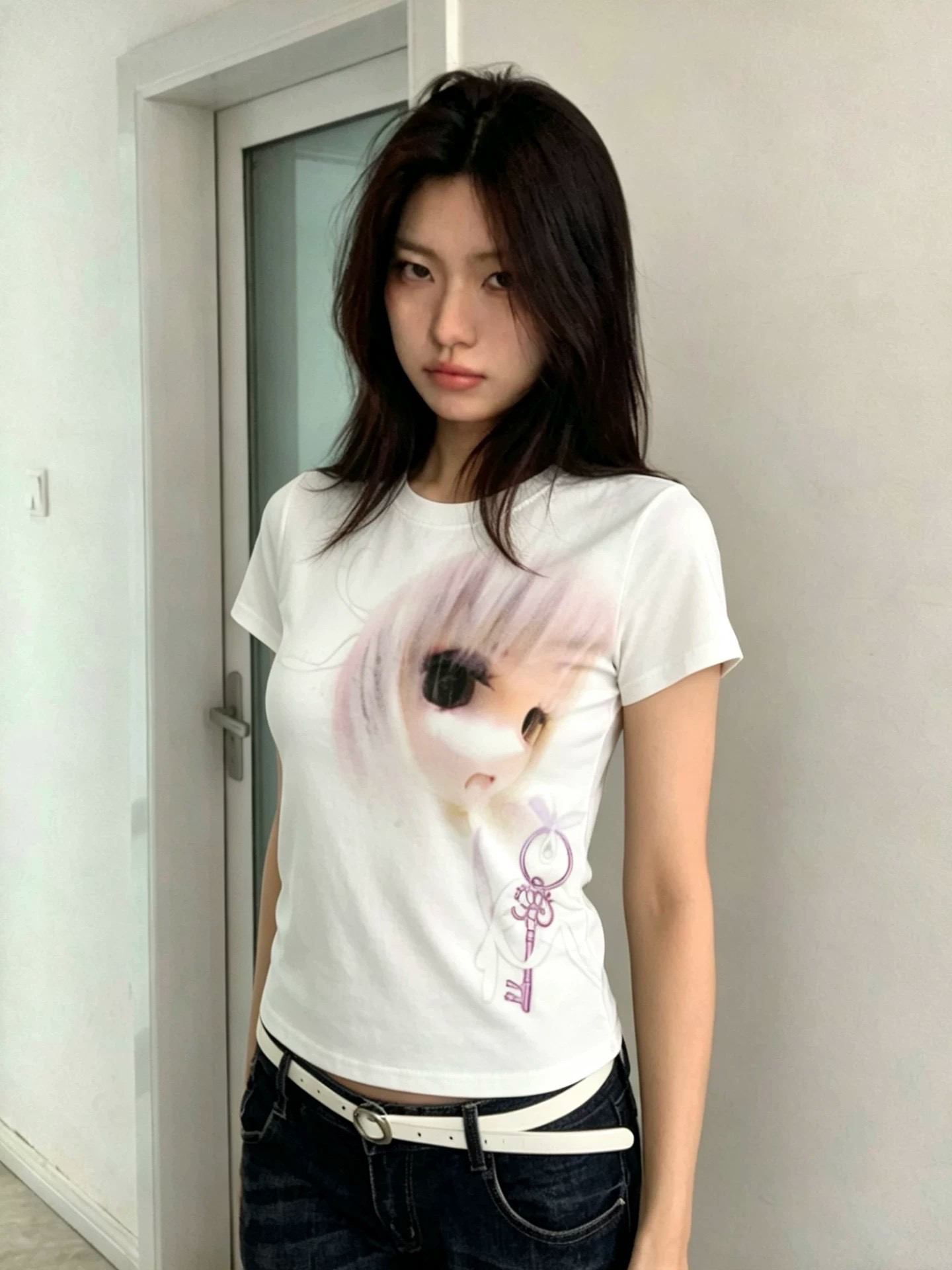 아메리칸 레트로 긍정적 인 어깨 라운드 넥 프린트 반팔 티셔츠