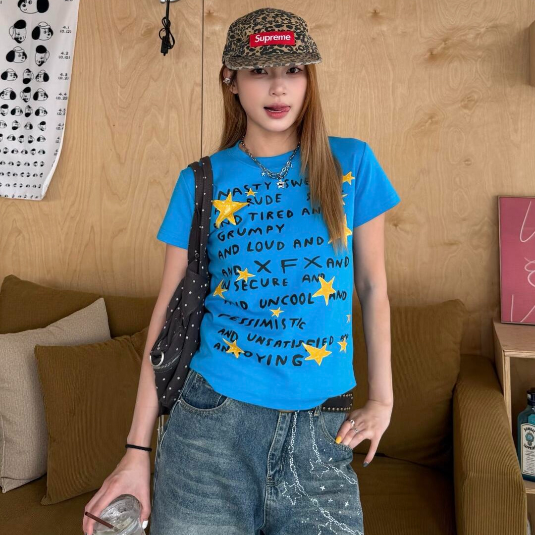 아메리칸 레트로 긍정적 인 어깨 라운드 넥 프린트 반팔 티셔츠