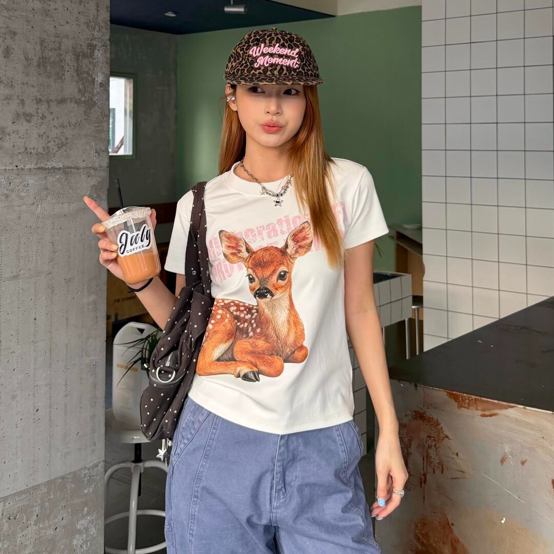 아메리칸 레트로 긍정적 인 어깨 라운드 넥 프린트 반팔 티셔츠