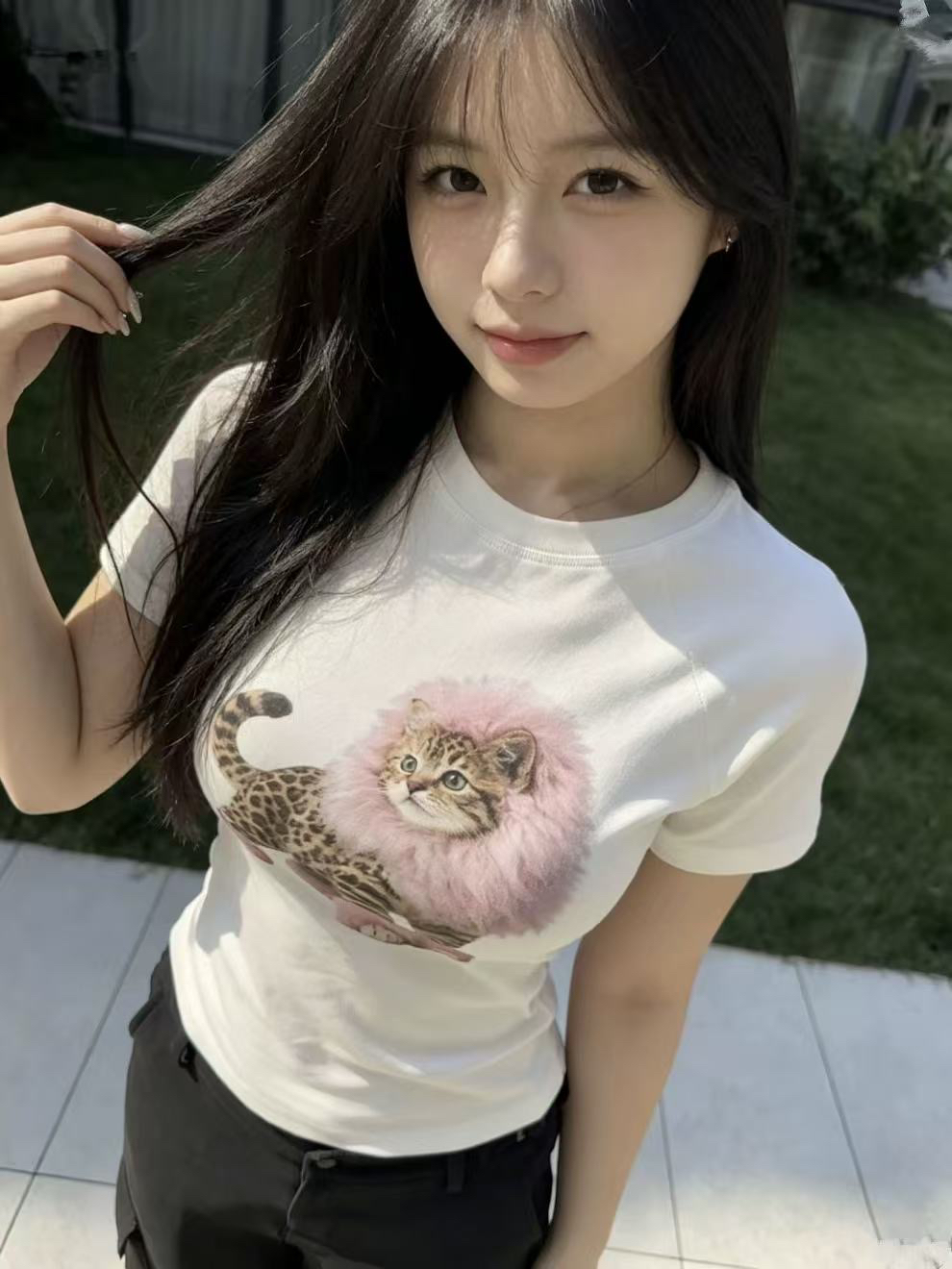 아메리칸 레트로 긍정적 인 어깨 라운드 넥 프린트 반팔 티셔츠