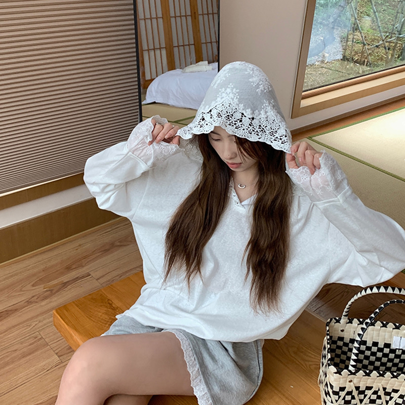 눈꽃 면 얇은 스타일 자외선 차단 맨위 여름 레이스 조각 후드 티셔츠 여성 레저 루즈핏 다용도