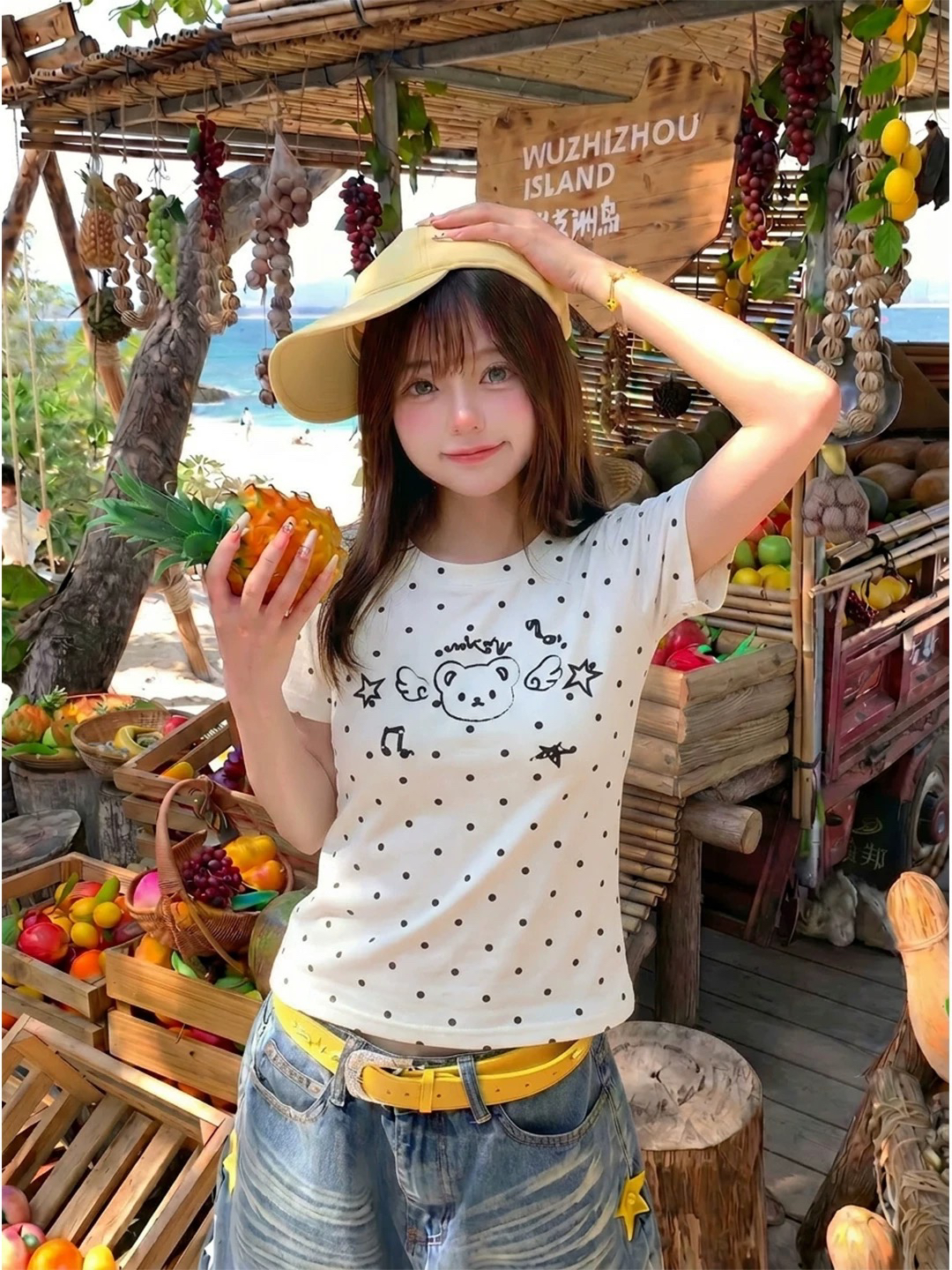 92 면 8 암모니아 Lun 참고 체인 도트 무늬 작은 곰 자수 반팔 티셔츠 몸매 가꾸기 쇼트 스타일 맨위
