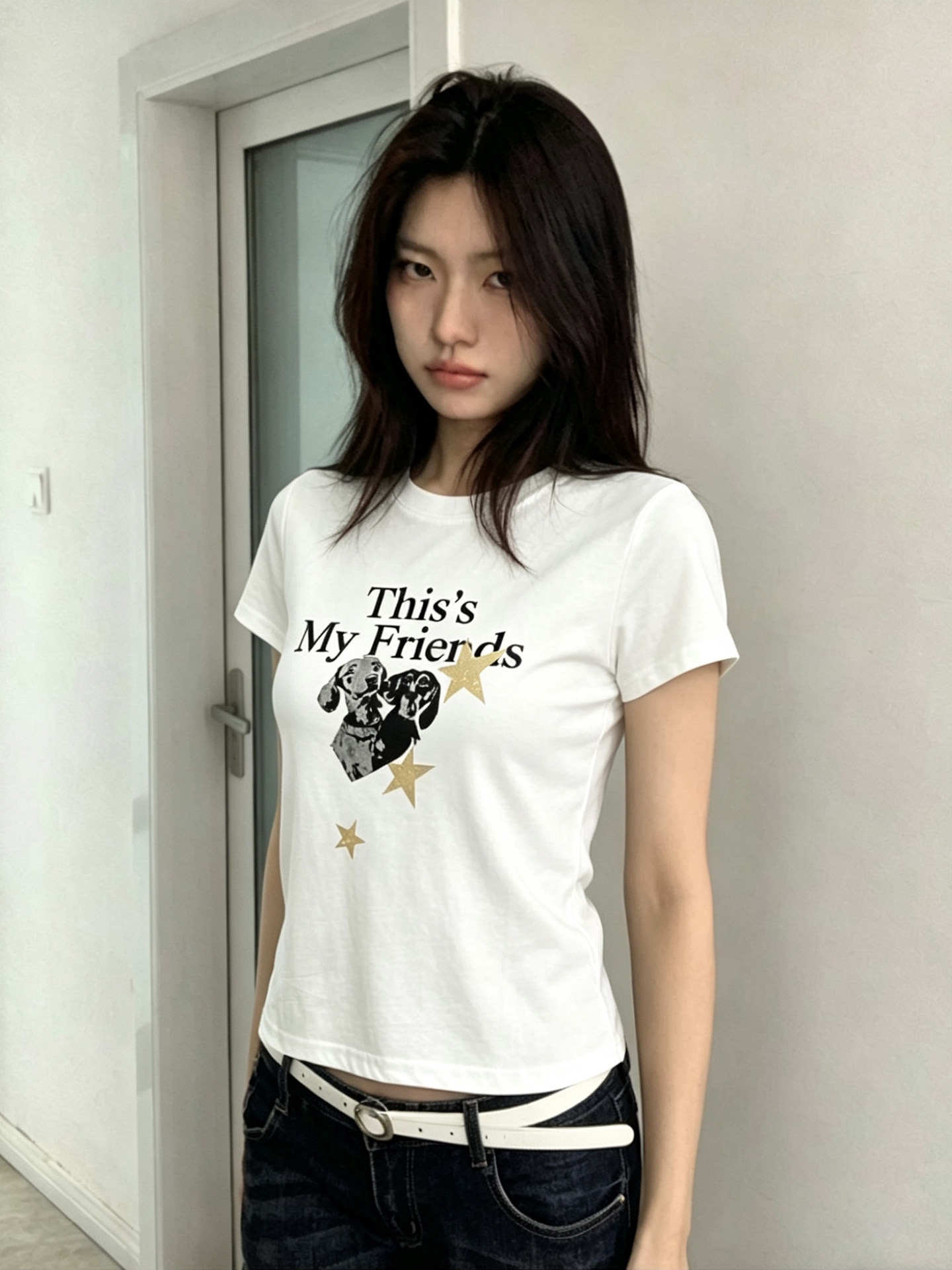 아메리칸 레트로 긍정적 인 어깨 라운드 넥 프린트 반팔 티셔츠