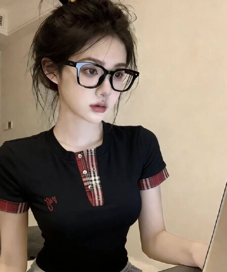 검정색 체크무늬 패치워크 자수 반팔 티셔츠 여성 여름 허리 수축 작은 키 몸매 가꾸기 맨위