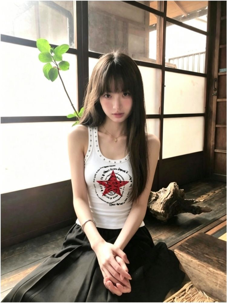 별 알파벳 프린트 비즈 박기 조끼 슬립 여성 몸매 가꾸기 맨위