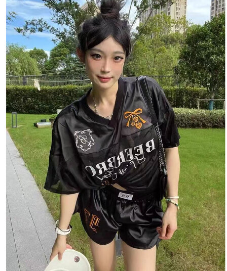 원본 원단 원본 솜씨 아메리칸 루즈핏 패치워크 저지 반팔 티셔츠 여성 반바지 투피스 세트