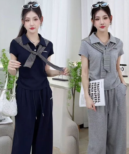 2026 여름 새로운 외국 가스 연령 감소 패션 캐주얼 스포츠 슈트 여성 숄 POLO 셔츠 와이드 레그 팬츠 투피스 세트