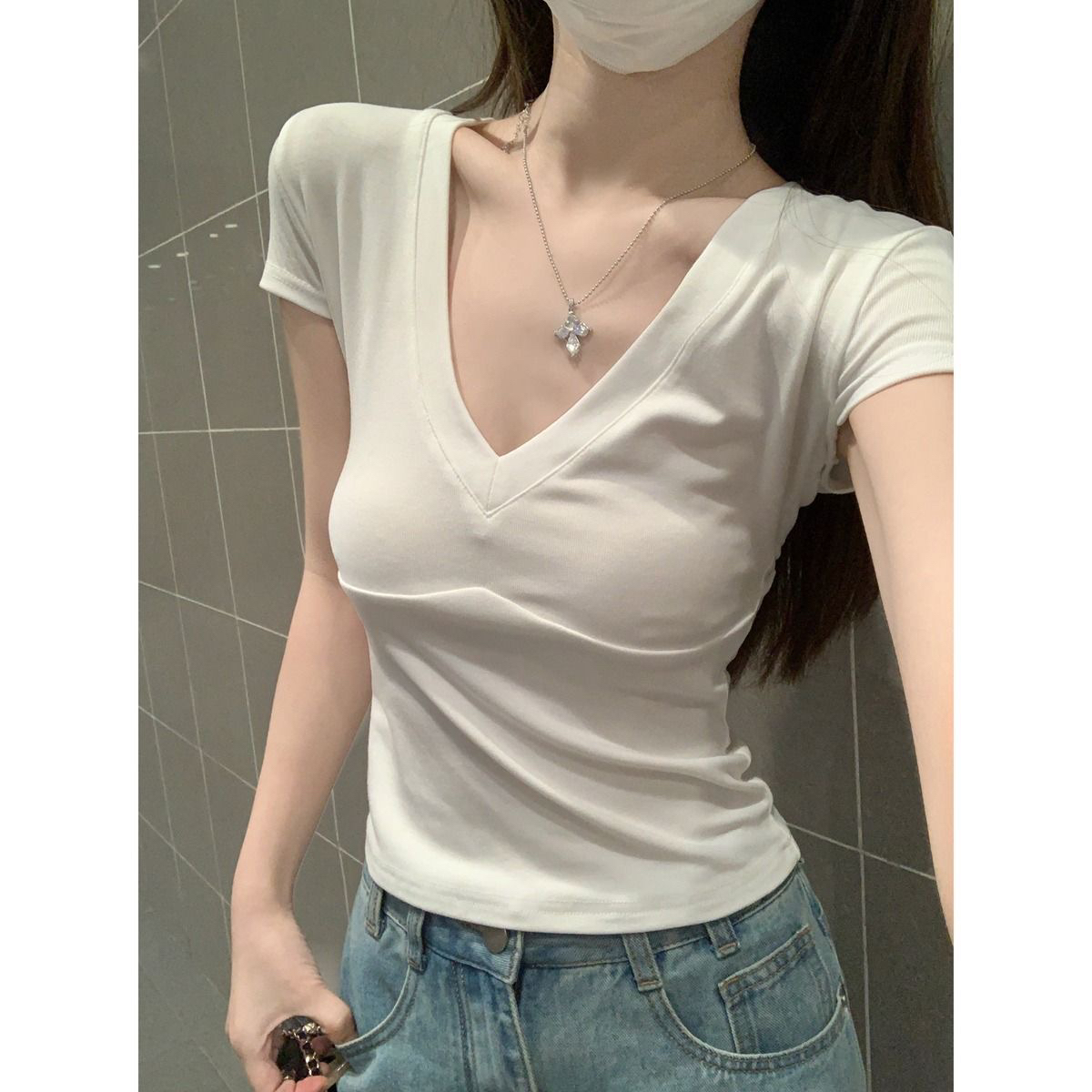 사람들 면 260 그램 좋은 품질 Chic 분할 패치워크 V넥 반팔 티셔츠 여성 Z아 어깨 쇼트 스타일 맨위