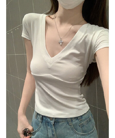 사람들 면 260 그램 좋은 품질 Chic 분할 패치워크 V넥 반팔 티셔츠 여성 Z아 어깨 쇼트 스타일 맨위