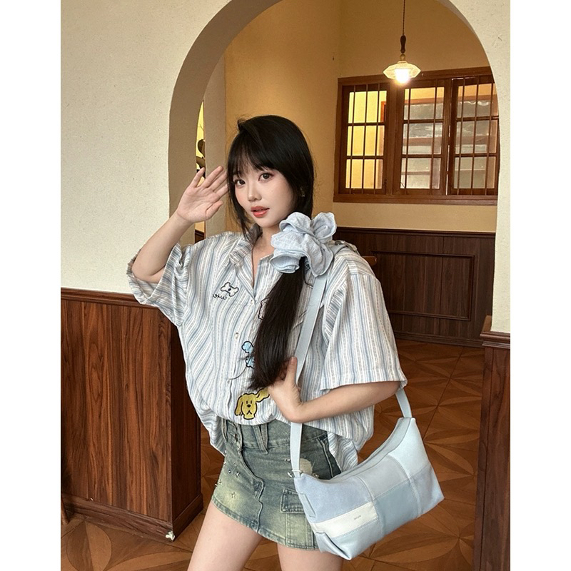 일본식 레트로 강아지 자수 스트라이프 여성 셔츠 여름 항구 바람 셔츠