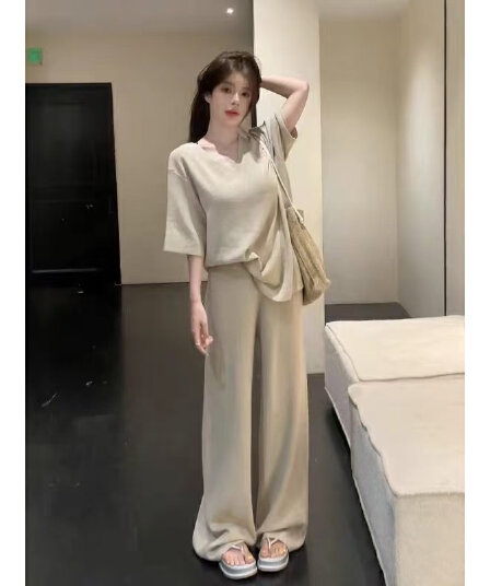 반팔 세트 여성 여름 새로운 프랑스식 느긋한 바람 V넥 반팔 니트 스웨터 와이드 레그 팬츠 투피스 세트