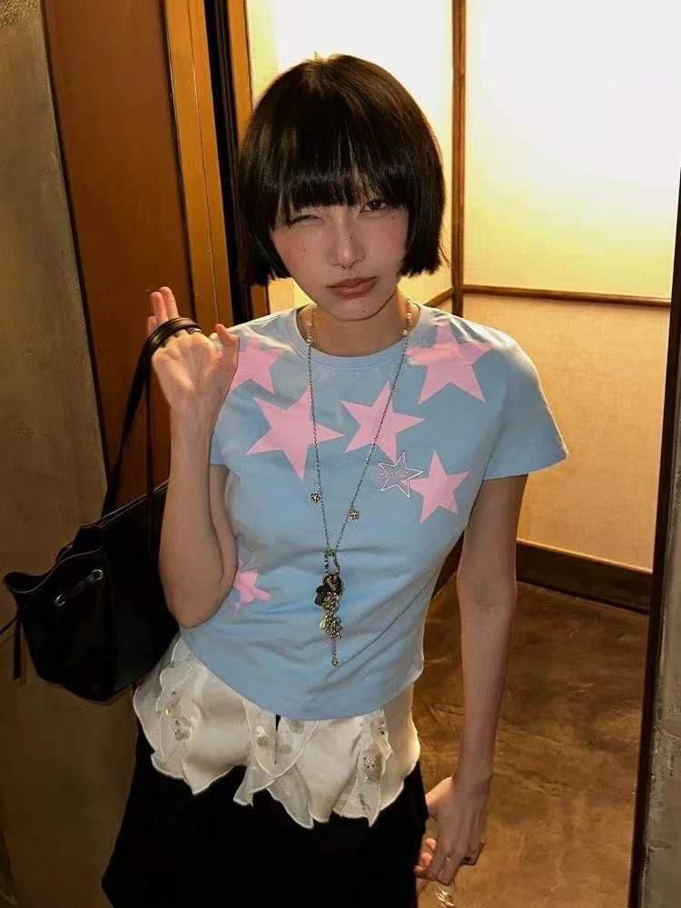 아메리칸 레트로 긍정적 인 어깨 라운드 넥 프린트 반팔 티셔츠