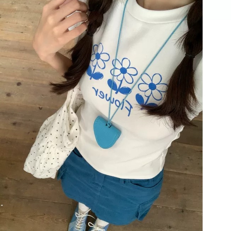 아메리칸 레트로 긍정적 인 어깨 라운드 넥 프린트 반팔 티셔츠
