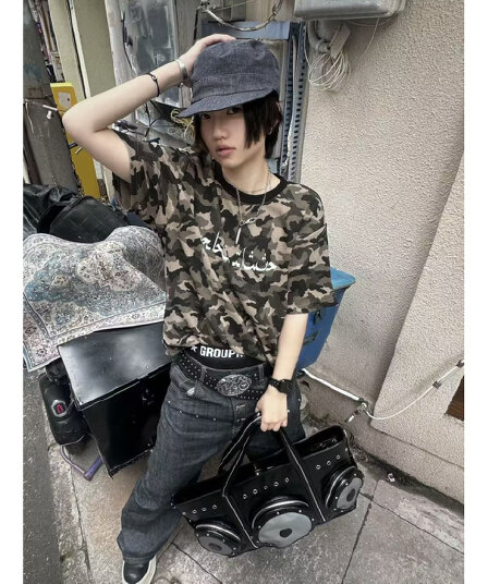 워싱 마 오래된 카모플라주 후아 남편 그리드 카모플라주 반팔 티셔츠 남자 여름 산스크리트어 프린트 루즈핏 boxy 맨위