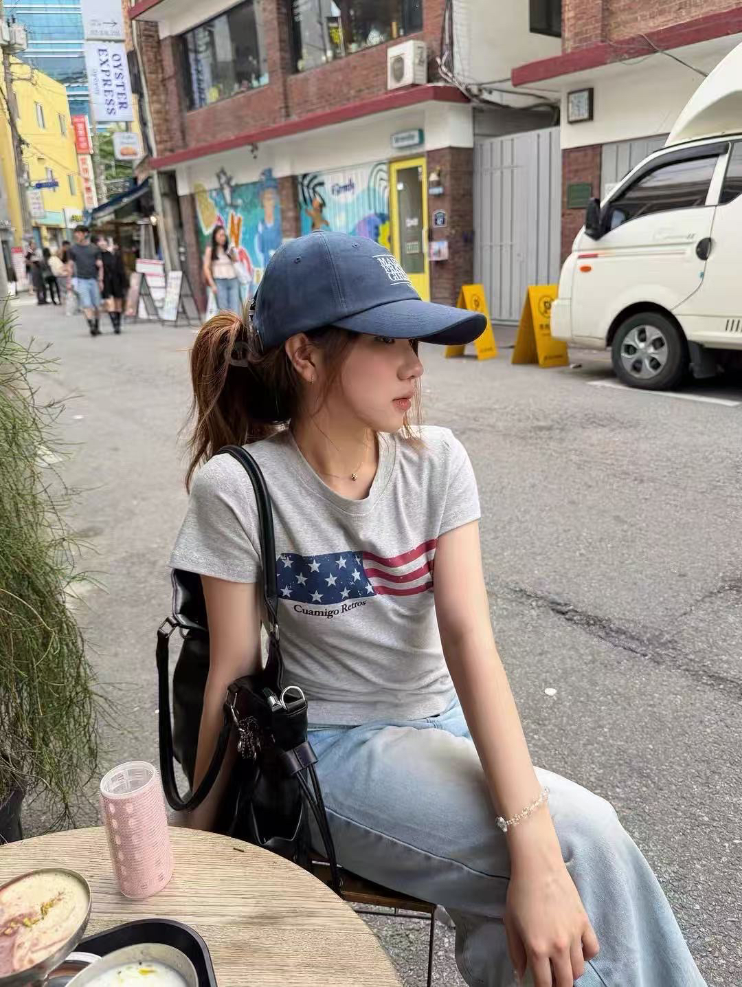 아메리칸 레트로 긍정적 인 어깨 라운드 넥 프린트 반팔 티셔츠