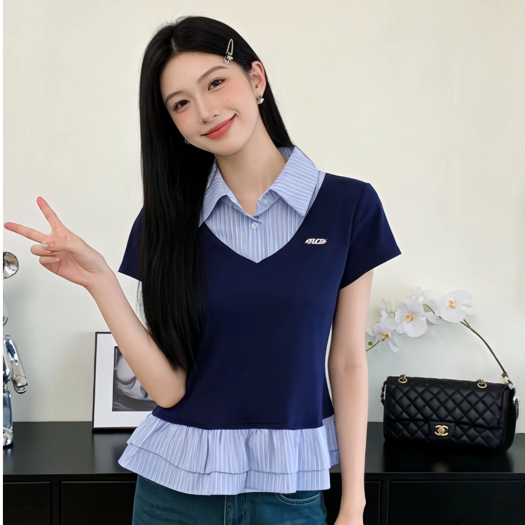 한 부서 배색 패치워크 POLO 칼라 반팔 티셔츠 여성 2026 년 여름 새로운 디자인 센스 몸매 가꾸기 슬림해 보이는 맨위
