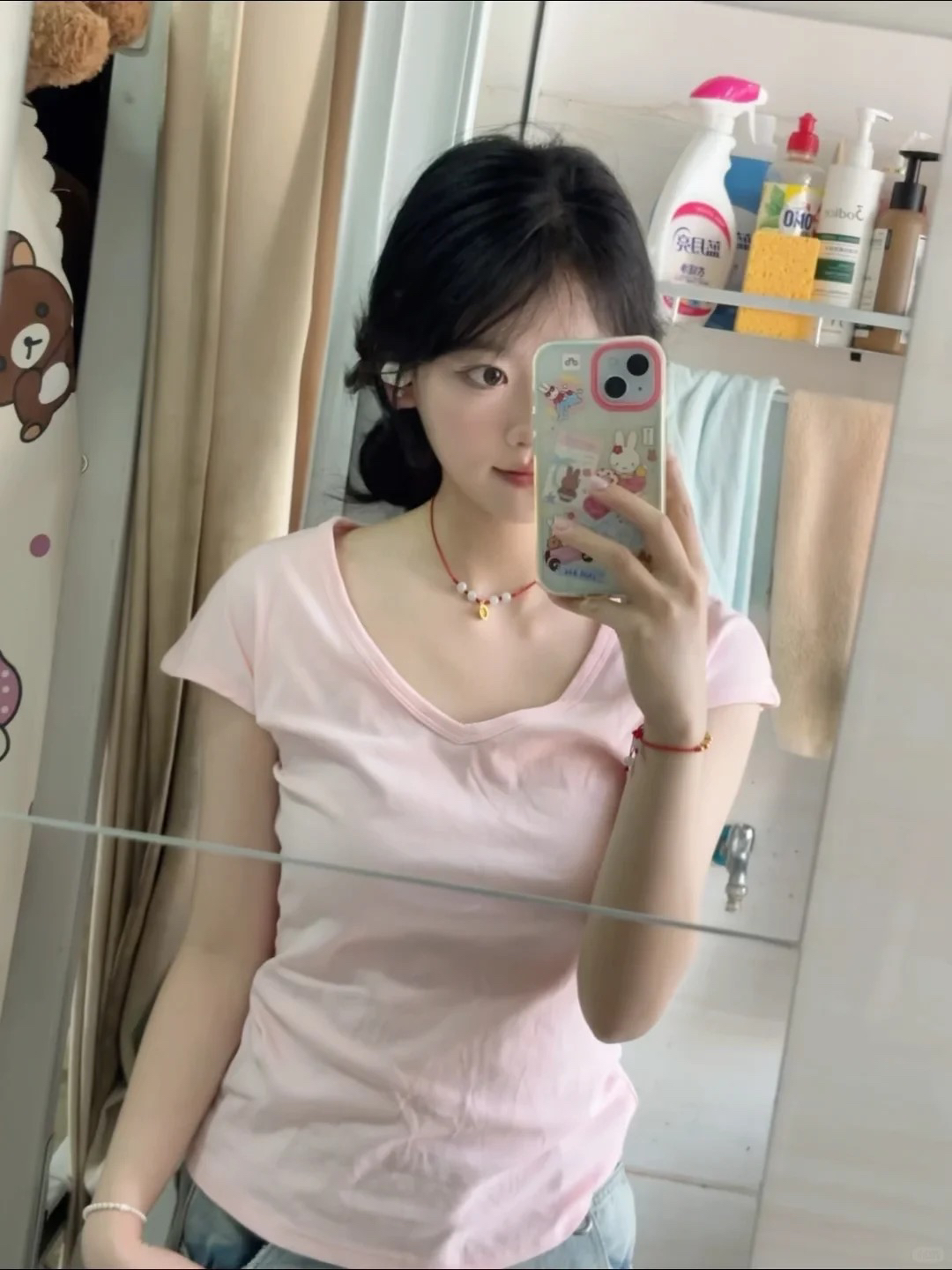 220 그램 92 면 8 암모니아 Lun 단색 u 칼라 긍정적 인 어깨 루즈핏 다용도 슬림해 보이는 반팔 여성