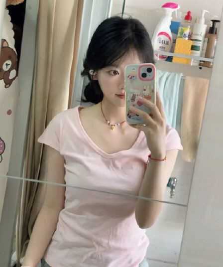 220 그램 92 면 8 암모니아 Lun 단색 u 칼라 긍정적 인 어깨 루즈핏 다용도 슬림해 보이는 반팔 여성