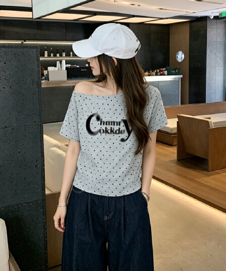 여름 새로운 한 부서 도트 무늬 비스듬한 칼라 오프숄더 프린트 섹션 반팔 티셔츠