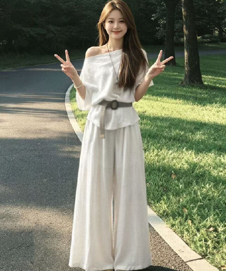 한 부서 자이언트 잘 생긴 ootd 착용 가져 가라. 전체 집합 2026 새로운 여성 비스듬한 어깨 의류 와이드 레그 팬츠
