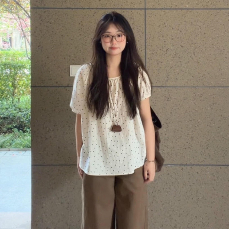 도트 무늬 광장 칼라 반팔 티셔츠 여성 여름 디자인 센스 작은 대중 연령 감소 루즈핏 슬림해 보이는 반소매 맨위 느긋한 인형 셔츠