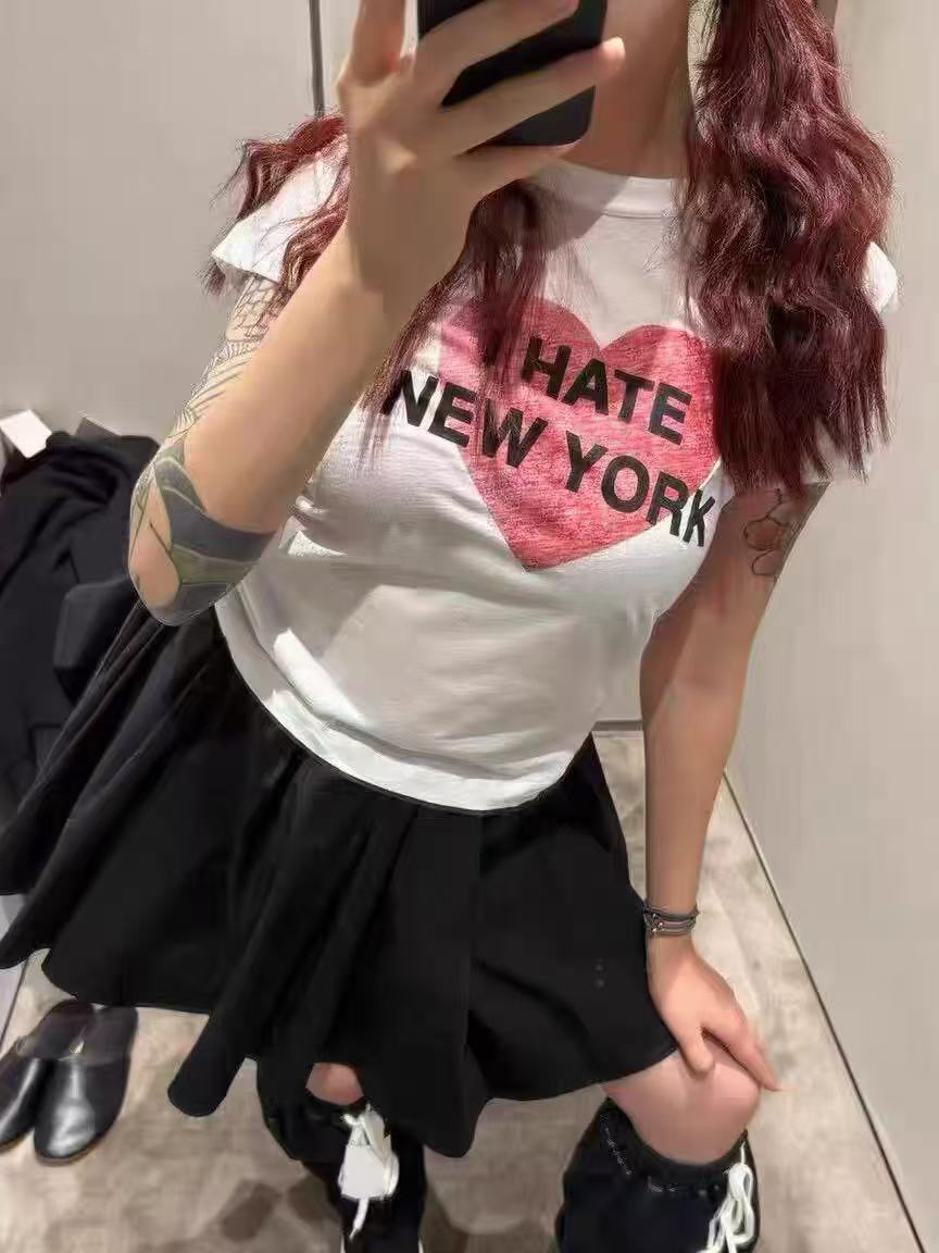 아메리칸 레트로 긍정적 인 어깨 라운드 넥 프린트 반팔 티셔츠