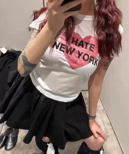 아메리칸 레트로 긍정적 인 어깨 라운드 넥 프린트 반팔 티셔츠