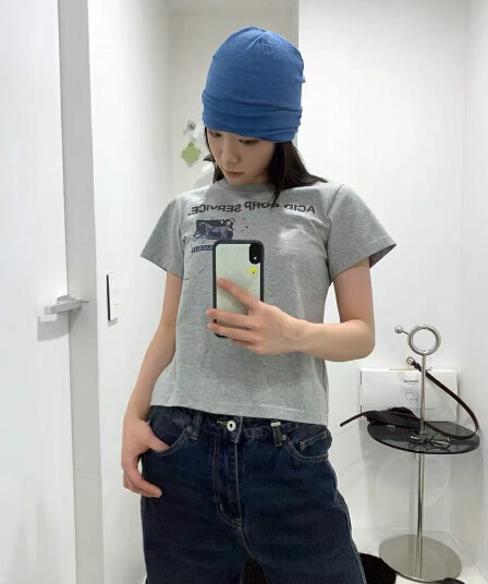 아메리칸 레트로 긍정적 인 어깨 라운드 넥 프린트 반팔 티셔츠