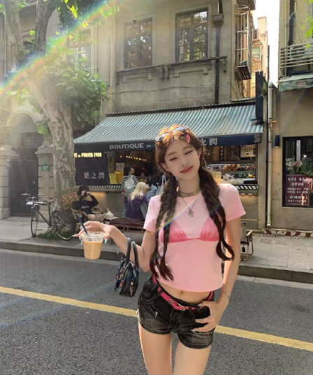 아메리칸 레트로 긍정적 인 어깨 라운드 넥 프린트 반팔 티셔츠