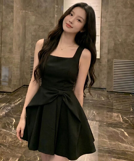 원본 것 품격 고급 센스 그는 벤 바람 검정색 슬립 드레스 나비 매듭 꼬집기 허리 퍼프 생일 치마