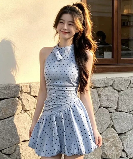 원본 것 있음 네리 파란색 도트 무늬 스트랩 행침 목 드레스 해변가 휴가 핫걸 허리 수축 꽃밭 미니 스커트