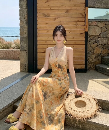 유화 센스 행침 목 여성 드레스 여름 허리 수축 슬림해 보이는 2026 해변가 휴가 바람 삼아 관광 롱 스커트