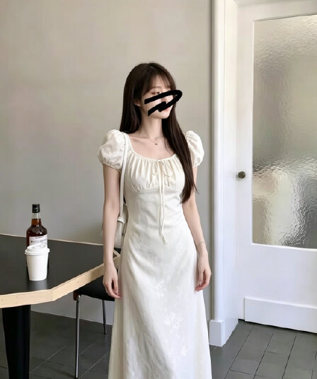 살구 색상 2026 광장 칼라 거품 소매 여성 드레스 여름 허리 수축 슬림해 보이는 부드러운 바람 품격 롱 코트 치마