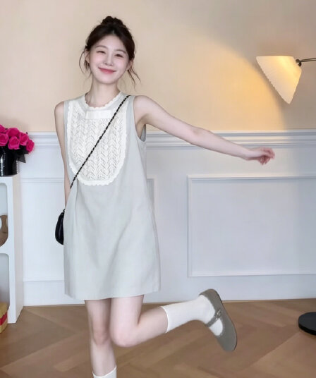 쌀 화이트 레이스 조각 민소매 여성 드레스 여름 루즈핏 슬림해 보이는 한 부서 연령 감소 작은 키 쇼트 스타일 조끼 스커트