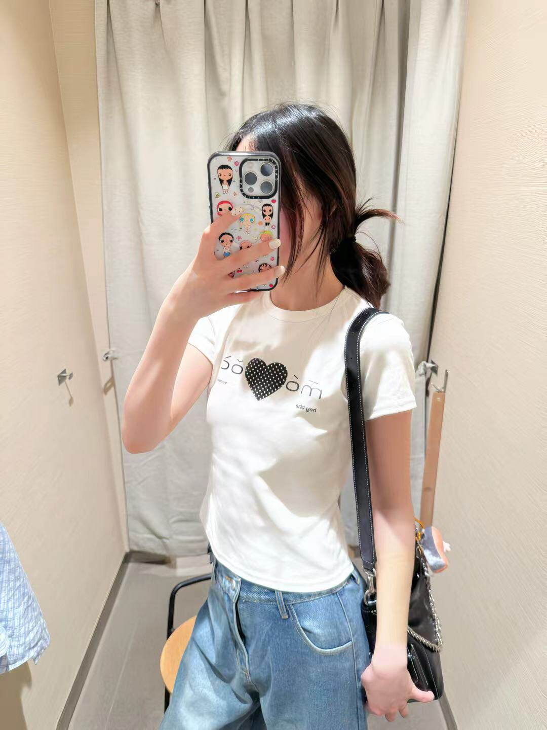 아메리칸 레트로 긍정적 인 어깨 라운드 넥 프린트 반팔 티셔츠