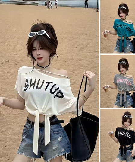 모달 사람들 면 260 그램 여름 새로운 순수한 욕망 바람 프린트 반팔 티셔츠 디자인 레이스업 비스듬한 어깨 의류