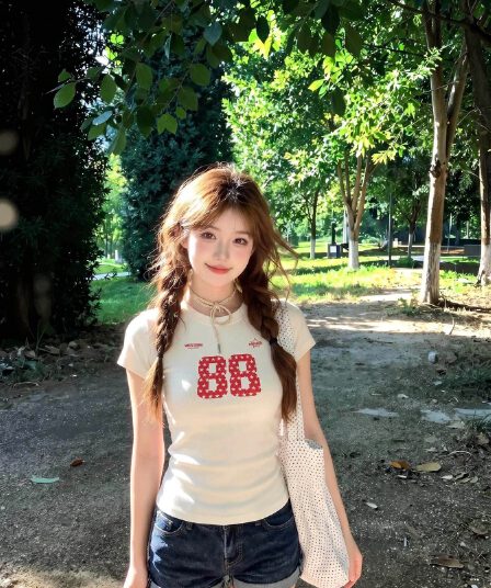 아메리칸 레트로 긍정적 인 어깨 라운드 넥 프린트 반팔 티셔츠