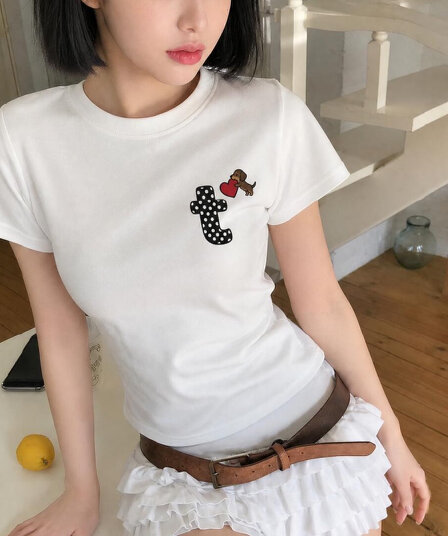 아메리칸 레트로 긍정적 인 어깨 라운드 넥 프린트 반팔 티셔츠