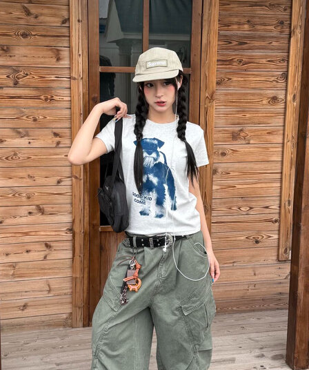 아메리칸 레트로 긍정적 인 어깨 라운드 넥 프린트 반팔 티셔츠