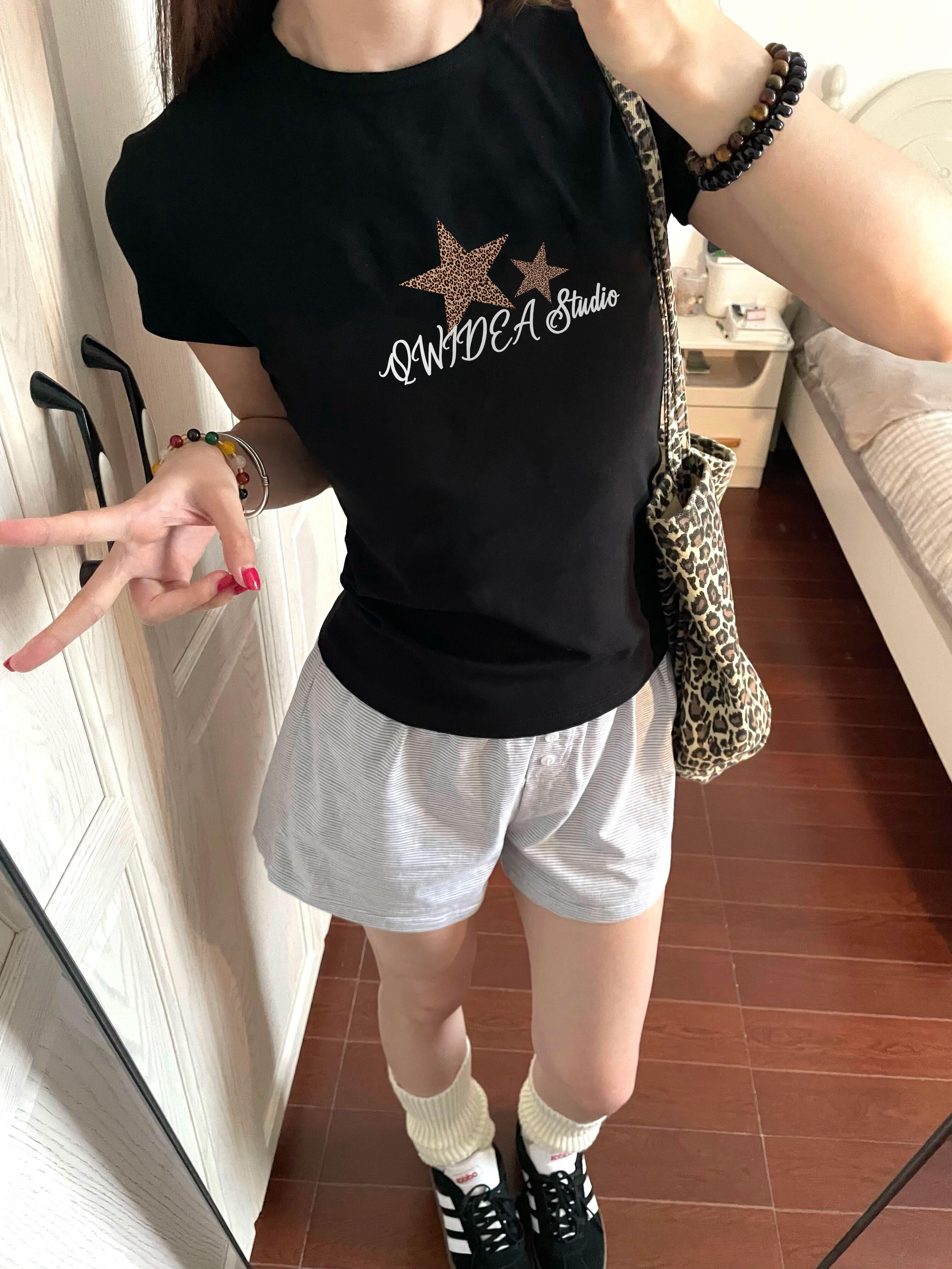 아메리칸 레트로 긍정적 인 어깨 라운드 넥 프린트 반팔 티셔츠