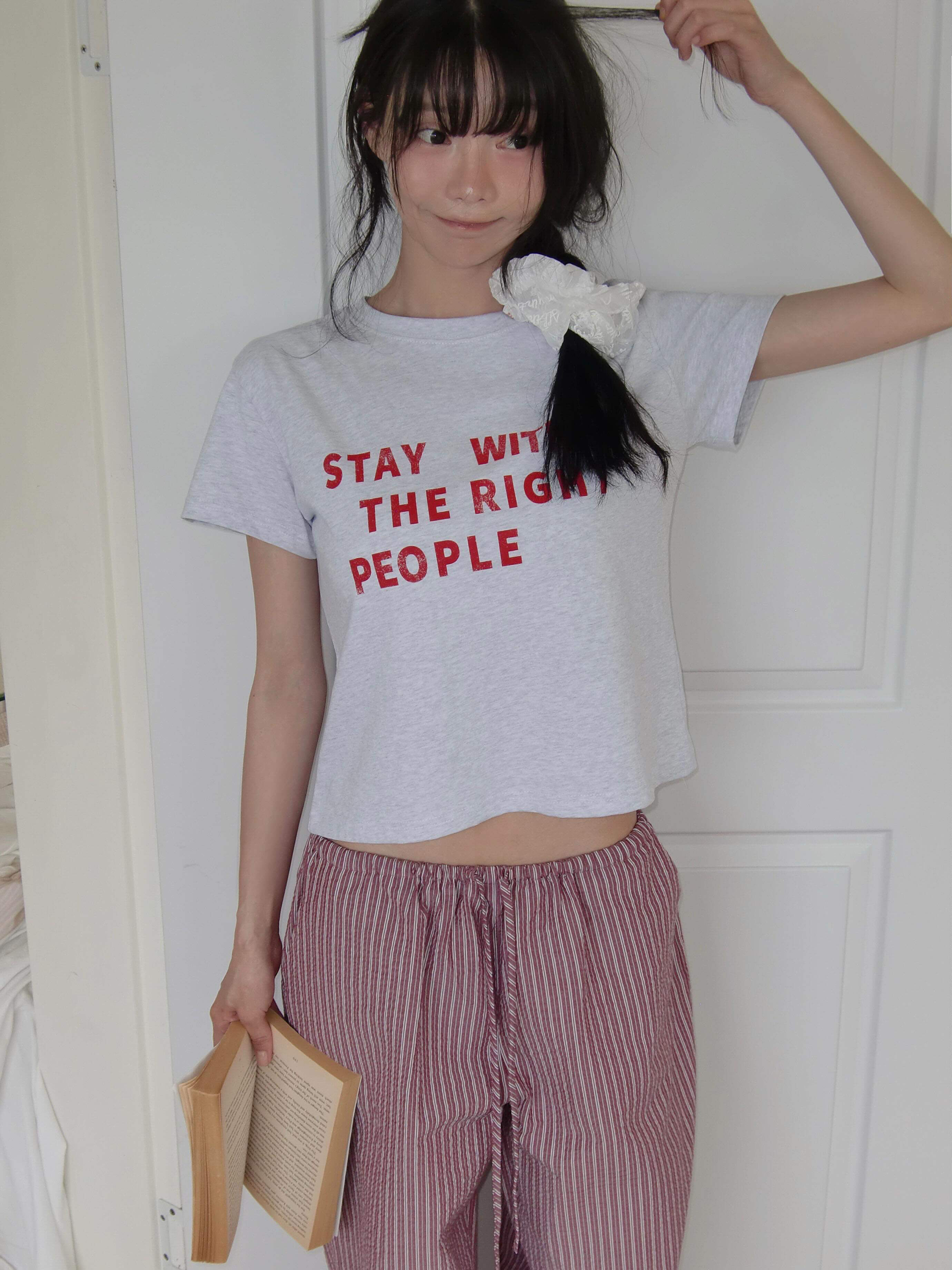 아메리칸 레트로 긍정적 인 어깨 라운드 넥 프린트 반팔 티셔츠